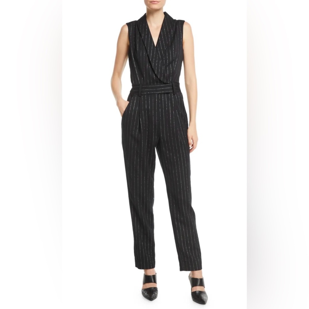 NWT MILLY Metallic Pinstripe Tuxedo Jumpsuit Black Size 8